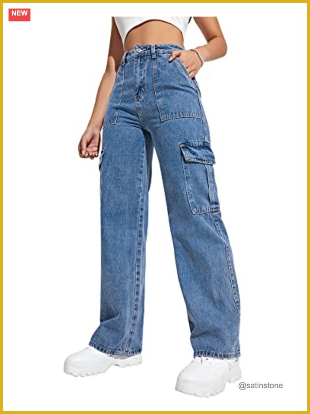 Women's High Waisted Wide Leg Cargo Jeans Cotton Blend Y2K Streetwear